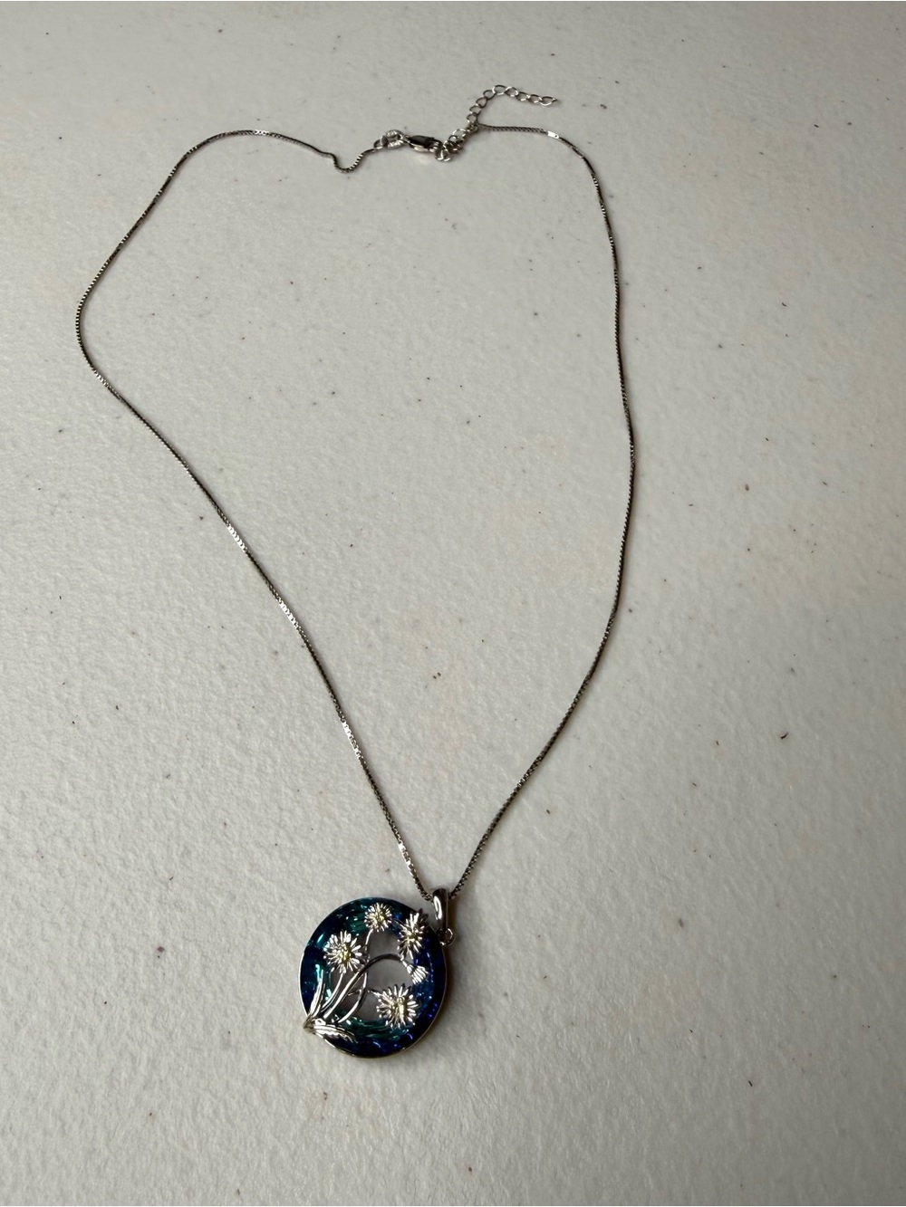 Italy 925 Sterling Silver Blue Iridescent Floral Pendant Necklace S925 - Picture 2 of 12